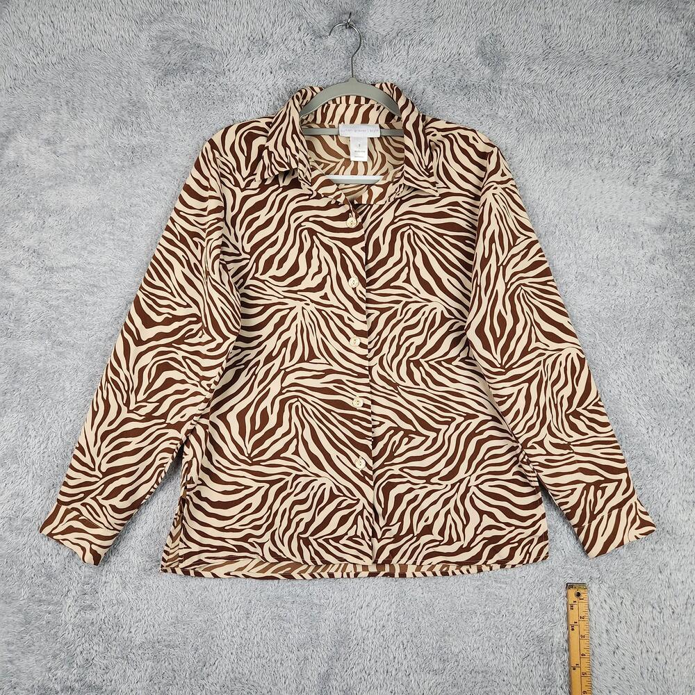 Vintage Susan Graver Blouse Womens Small Brown Animal Print Button Top Zebra 90s